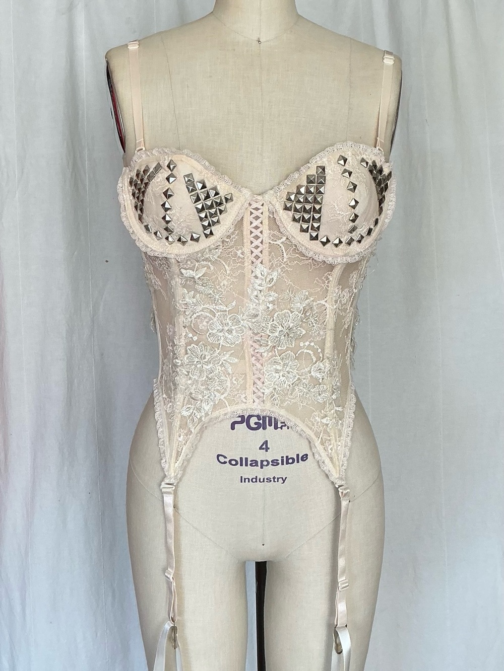 Customized Vintage Studded Lace Bustier Corset in Cream Color